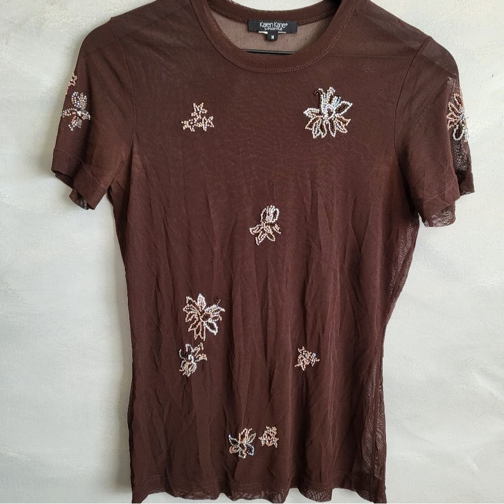 Brown Sheer beaded embroidery babydoll tee Karen Kane Lifestyle Vintage Size M